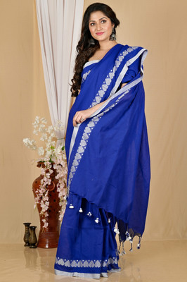 eC ESHA'S COLLECTION Solid/Plain Handloom Cotton Blend Saree(Blue, Silver)