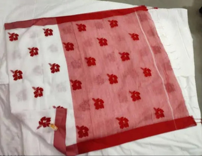 NewNilaSaree Embroidered Handloom Cotton Silk Saree(White, Red)
