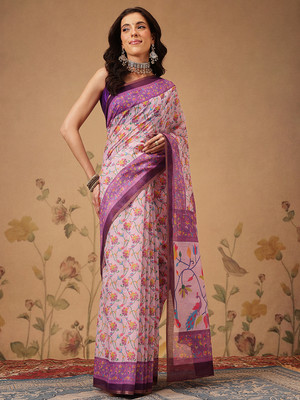 SILK ZONE Digital Print Chanderi Cotton Blend Saree(Purple)