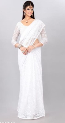 Fashion Field Self Design Bollywood Net Saree(White)