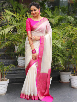 ZILVIRA Woven Bollywood Pure Silk Saree(White, Pink)