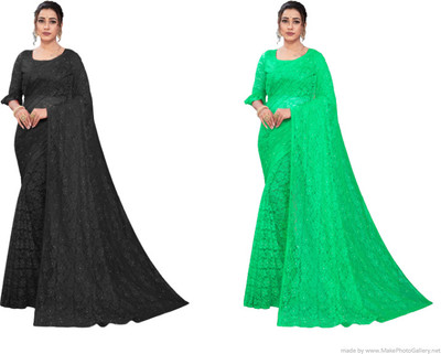 Nilkanthvarni Creation Self Design Bollywood Net Saree(Pack of 2, Black, Light Green)