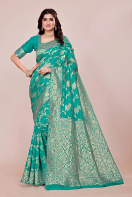 DHAYNAAND REEWA FASHION Floral Print, Woven Kalamkari Jacquard Saree(Light Green)