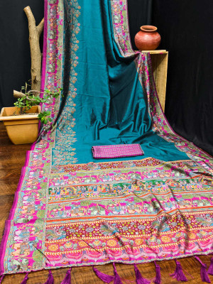 VIRDHI TEXTILE Digital Print Madhubani Silk Blend Saree(Blue)