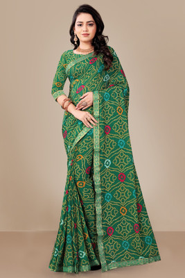 Kanooda Prints Printed Bandhani Georgette Saree(Light Green)