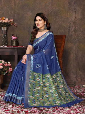 Soor Panchi Digital Print Banarasi Cotton Linen Saree(Blue)