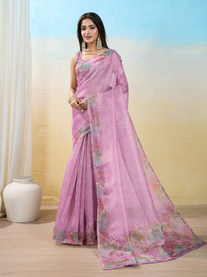 Divastri Digital Print, Printed, Embellished Bollywood Organza Saree(Pink)