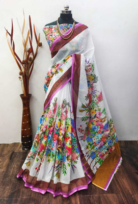 HouseOfCommon Floral Print Kanjivaram Cotton Linen, Linen Saree(White)