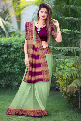 JERAVI Enterprise Embroidered Kanjivaram Brasso, Georgette Saree(Light Green, Purple)