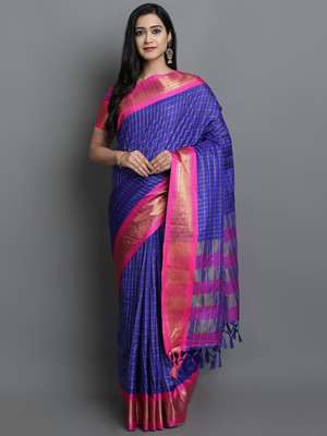 HouseOfCommon Woven, Checkered, Embellished, Self Design Daily Wear Jacquard, Cotton Silk Saree(Blue)