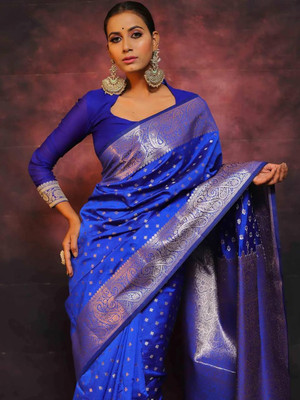 ZILVIRA Woven Kanjivaram Jacquard, Art Silk Saree(Blue)