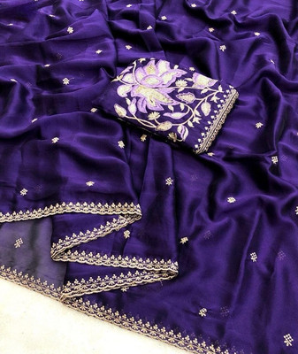 Tradivibe Embroidered Bollywood Crepe Saree(Purple)