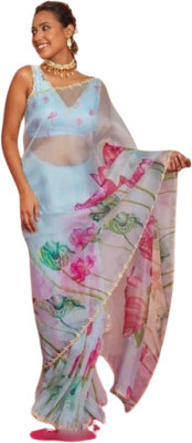 JATADHAR FAB Floral Print Bollywood Organza Saree(Blue)