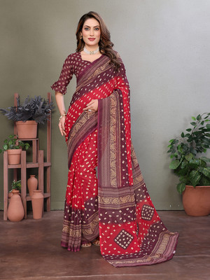 Anand Sarees Paisley, Geometric Print Bandhani Georgette Saree(Red, Maroon)