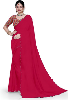 Avishafab Solid/Plain Bollywood Georgette Saree(Pink)