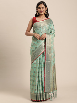 ishika fab Embroidered, Woven Chanderi Cotton Silk Saree(Green)