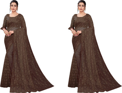 Fashion Field Self Design Bollywood Net Saree(Pack of 2, Brown)