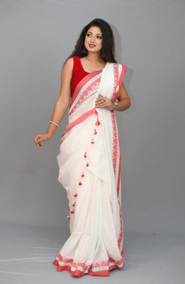 ADbutiq Printed, Woven Bollywood Handloom Cotton Blend Saree(White)