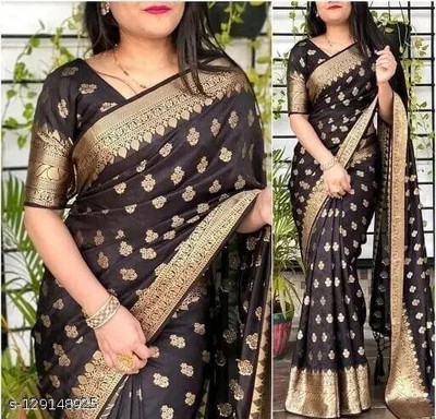 LEAFSY Self Design Banarasi Jacquard Saree(Black)