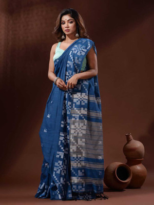 Sthaker Solid/Plain Handloom Cotton Blend Saree(Light Blue)