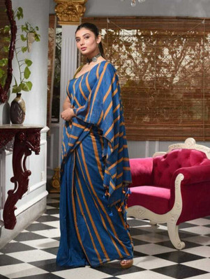 SRIJITA SAREE CENTER Striped Handloom Cotton Blend Saree(Blue)