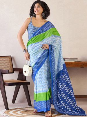 Anouk Rustic Printed Pre Draped Saree Cotton Blend Saree(Blue)