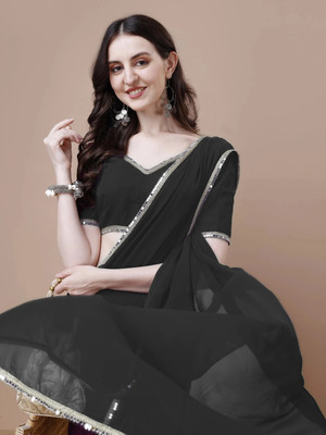 Rensa Solid/Plain Bollywood Georgette Saree(Black)