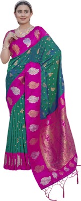 Elite Weaves Woven Banarasi Silk Blend Saree(Dark Green)