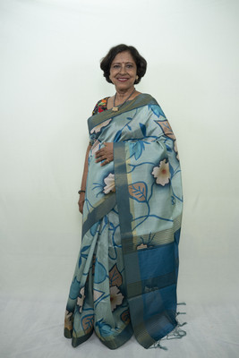 SnehaFashion Creation Floral Print Saree with Attached Blouse Tussar Silk Saree(Blue)