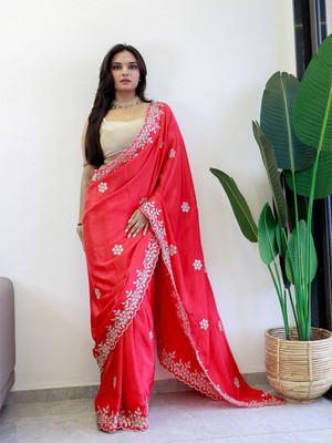 ANOUK Embroidered Chanderi Chiffon Saree(Red)