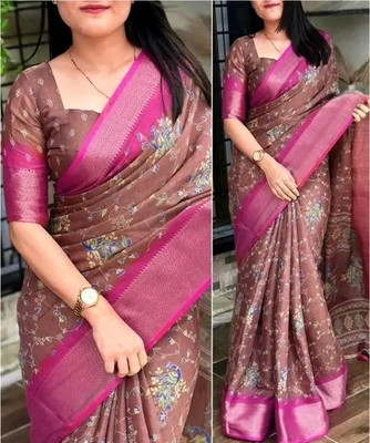 Stylezone Self Design, Woven, Printed Assam Silk Cotton Silk Saree(Brown)