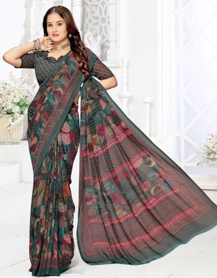 PinkEVE Printed, Striped Bollywood Chiffon, Georgette Saree(Dark Green)