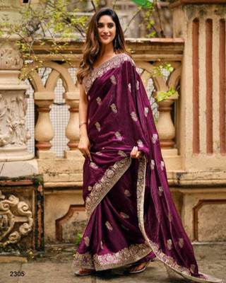 Urvashicreation Embroidered, Floral Print, Self Design, Woven Bollywood Pure Silk Saree(Purple)