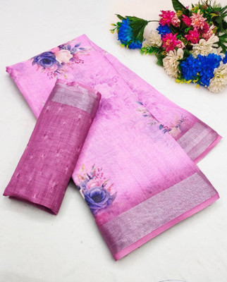 TANURI Floral Print Bollywood Cotton Linen, Cotton Silk Saree(Pink)