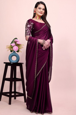 SAADHYA CREATION Embroidered, Solid/Plain Bollywood Chiffon Saree(Purple)