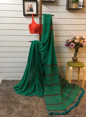 Trishul Striped Handloom Cotton Blend Saree(Green)