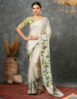 Satrani Embellished, Floral Print, Printed Bollywood Crepe Saree(Beige, Multicolor)