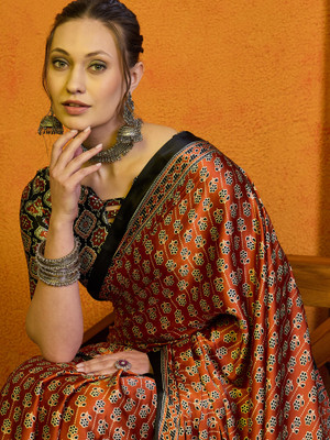 Sareemall Printed Daily Wear Satin Saree(Orange)