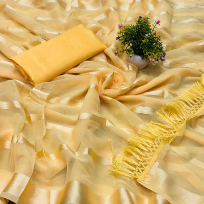 RFG Embellished, Solid/Plain, Striped Bollywood Pure Silk, Silk Blend Saree(Yellow)