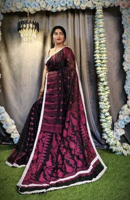 Hiya saree And Punjabi house Printed Jamdani Cotton Blend Saree(Black, Pink)