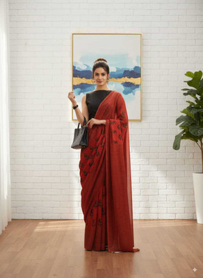 HG SAREES Printed Bollywood Mulmul Saree(Red, Black)