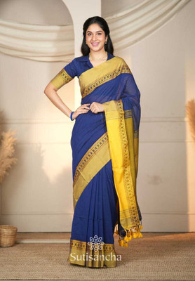 binita Self Design Handloom Cotton Blend Saree(Blue)