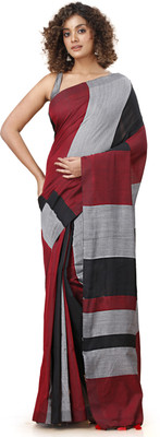 SUBHO SAREE CENTRE Solid/Plain, Striped Handloom Cotton Blend Saree(Multicolor)