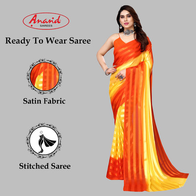 Anand Sarees Embellished, Striped, Self Design Bollywood Satin Saree(Orange, Yellow)