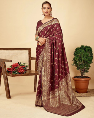 HouseOfCommon Self Design Kanjivaram Jacquard, Silk Blend Saree(Maroon)