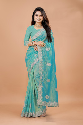 b bella creation Self Design, Embroidered Bollywood Supernet Saree(Light Blue)
