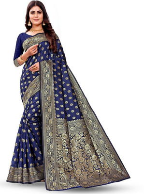 AAGRAHI FASHION Embellished, Self Design, Woven Kanjivaram Jacquard, Silk Blend Saree(Dark Blue)