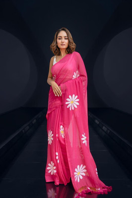 Myraani Floral Print Bollywood Cotton Linen Saree(Pink)