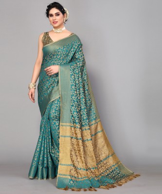 Satrani Woven, Embellished, Printed Banarasi Cotton Silk, Art Silk Saree(Green, Beige)