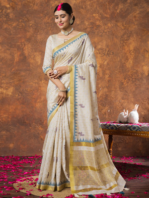 Tasrika Woven Kasavu Linen Saree(Cream)